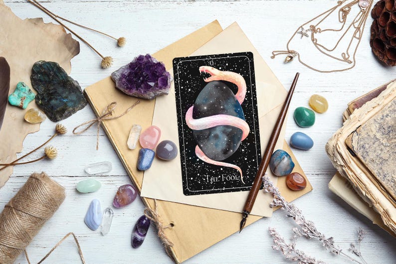 Op de afbeelding: Een tarotkaart met een zwarte achtergrond en witte sterren. De kaart toont een roze slang die om een grijs ei met een galaxy-patroon gewikkeld is. De kaart is gelabeld met "De Dwaas".