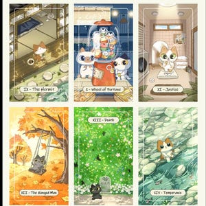 Puede incluir: Imagen vertical que muestra una baraja de Tarot Catopia. Cada carta presenta ilustraciones caprichosas de gatos en varias escenas, que representan diferentes arquetipos de tarot. La baraja incluye cartas como "El Loco", "El Mago" y "La Estrella."