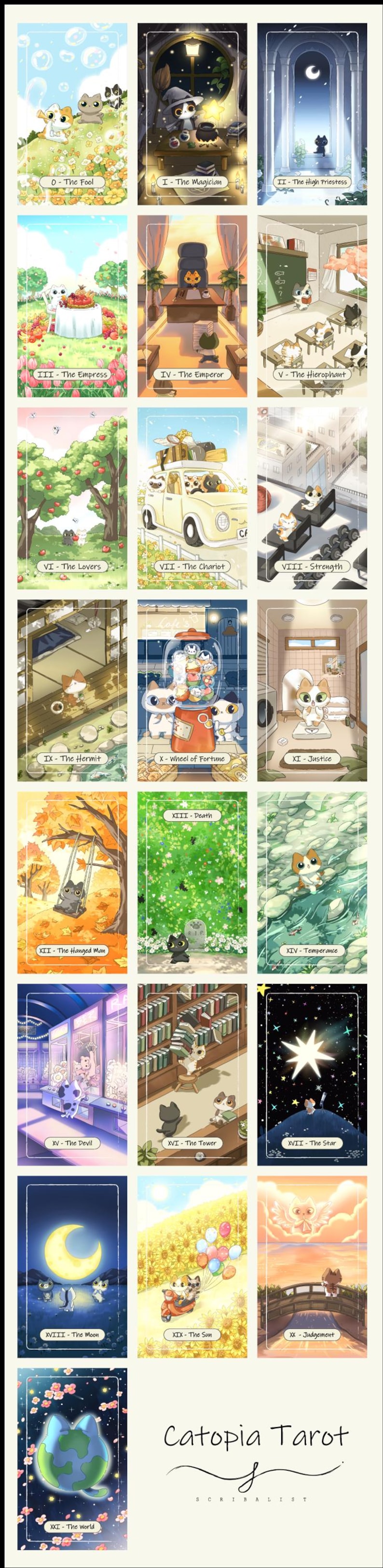 Puede incluir: Imagen vertical que muestra una baraja de Tarot Catopia. Cada carta presenta ilustraciones caprichosas de gatos en varias escenas, que representan diferentes arquetipos de tarot. La baraja incluye cartas como "El Loco", "El Mago" y "La Estrella."