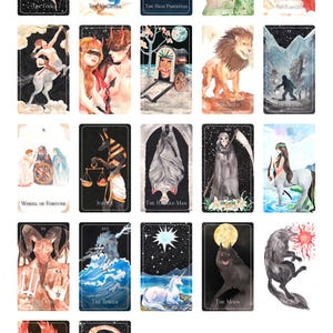 Op de afbeelding: Een set van 22 tarotkaarten met aquarel illustraties van verschillende personages en symbolen. De kaarten zijn gerangschikt in een rasterpatroon op een witte achtergrond. De kaarten zijn allemaal zwart met witte tekst en illustraties.