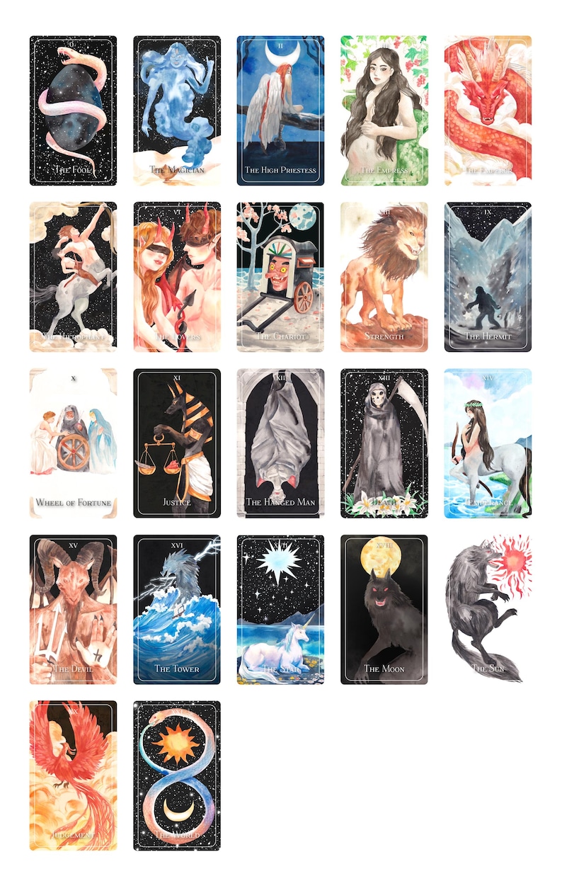 Op de afbeelding: Een set van 22 tarotkaarten met aquarel illustraties van verschillende personages en symbolen. De kaarten zijn gerangschikt in een rasterpatroon op een witte achtergrond. De kaarten zijn allemaal zwart met witte tekst en illustraties.