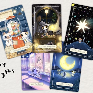Puede incluir: Un conjunto de cartas del tarot con ilustraciones caprichosas. Las cartas representan escenas con gatos, incluyendo un gato mago, un gato bajo un cielo estrellado y gatos cerca de una luna. El texto "Cozy Nights" tambi&eacute;n es visible.