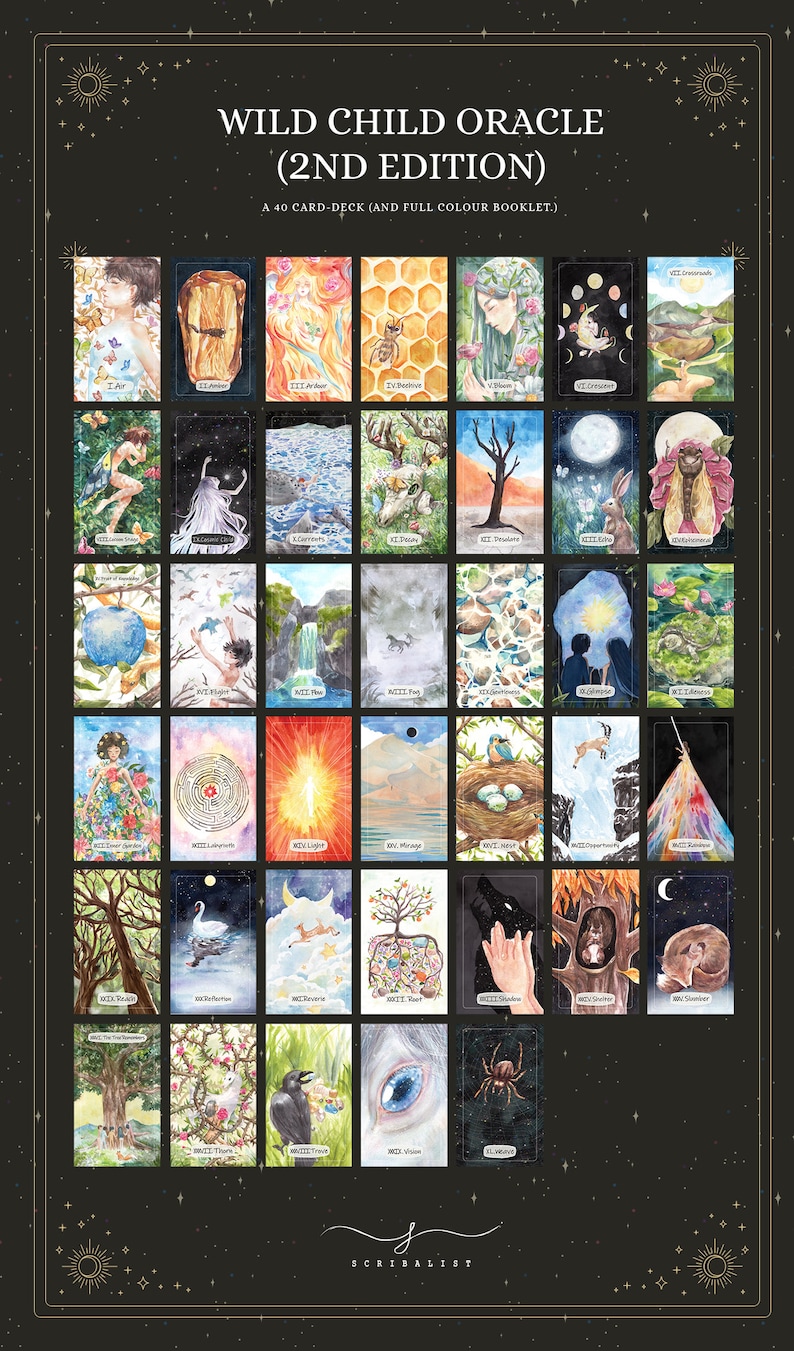 K&ouml;nnte beinhalten: Ein Set mit 40 illustrierten Orakelkarten mit schwarzem Hintergrund und goldenen Akzenten. Die Karten zeigen Aquarell-Illustrationen von Naturszenen, Tieren und Menschen. Der Titel "Wild Child Oracle (2nd Edition)" ist oben im Bild in Gold gedruckt.