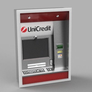 May include: A white ATM machine with a red UniCredit logo and a black screen. The machine has a keypad and a card reader.