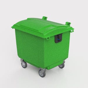 Può includere: Bidone della spazzatura verde con ruote e coperchio. Il bidone ha una chiusura nera sul davanti.