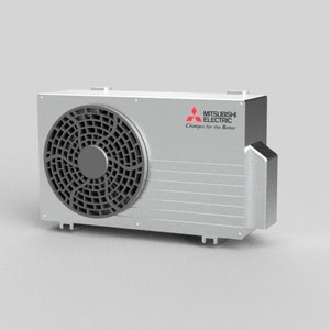 Peut inclure: Unité extérieure de climatisation Mitsubishi Electric argentée avec une grille de ventilateur noire et le texte "Mitsubishi Electric Changes for the Better".
