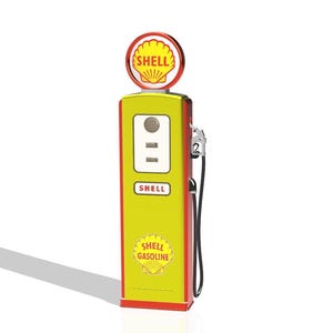 May include: A vintage-style Shell gasoline pump in yellow, red, and white. The pump features the Shell logo at the top and on the front, with a nozzle and hose. The design is reminiscent of classic gas stations.