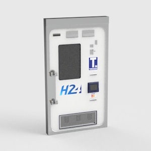 以下が含まれることがあります： 白地に青と白の「H24」ロゴと白黒の画面が付いた自動販売機。機械は灰色のドアに銀色のハンドルと「T. Tabacalera」のロゴが付いています。