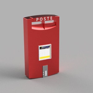 May include: A red mailbox with a white "POSTE" sign on the top. The mailbox has a slot for mail and a small window with a yellow background.