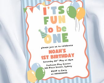 Fun to be One 1st Birthday Party Invitation, First Birthday Theme: Editable Canva Template