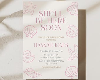 She'll be Here Soon Baby Shower Invitation, Coastal Seashell Editable Template (Digital Download)