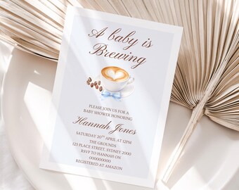 A Baby is Brewing Baby Shower Invitation, Coffee Theme Invite (Editable Template)