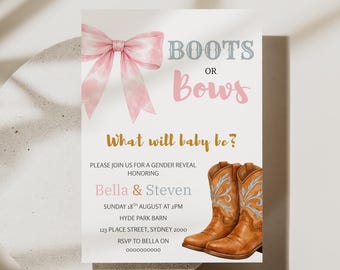 Boots or Bows Gender Reveal Invitation, Pink or Blue Editable Template (Digital Download)