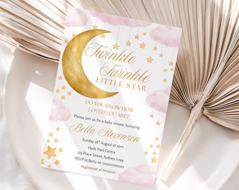 Twinkle Twinkle Little Star Baby Shower Invitation, Moon and Stars Editable Template (Digital Download)