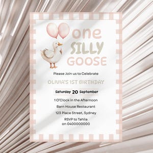 One Silly Goose First Birthday Invitation, Editable 1st Birthday Invite, Pink Goose Invite, Pink Gingham Invitation, Girl 1st Birthday, FBG2