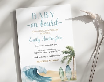 Invitación "Bebé a bordo", Baby Shower de verano, Invitación para bebé con tema de playa surfera, Invitación imprimible, Plantilla para Baby Shower de niño surfeando, Editable