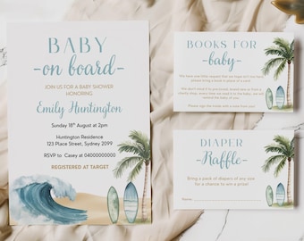 May include: A baby shower invitation with a blue and white wave design and palm trees. The invitation says "Baby on board" and includes the name "Emily Huntington".