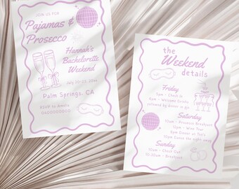 Pajamas and Prosecco Bachelorette and Hens Invitation: Pink Wavy Itinerary (Digital Download Template)