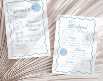 Pajamas and Prosecco Bachelorette and Hens Invitation: Blue Wavy Itinerary Digital Download Template