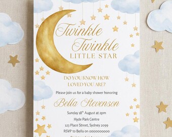 Twinkle Twinkle Little Star Baby Shower Invitation, Moon and Stars Editable Template (Digital Download)
