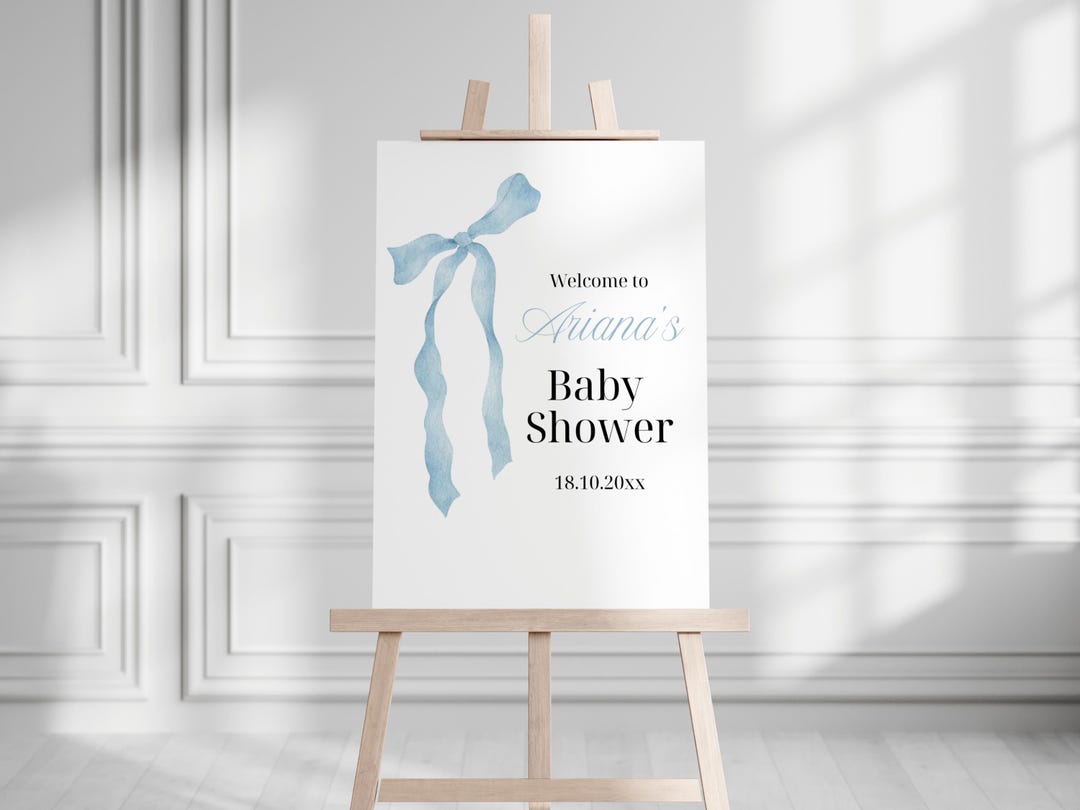 Editable Blue Bow Baby Shower Welcome Sign, Baby Boy Baby Shower Sign ...