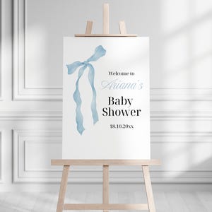 Editable Blue Bow Baby Shower Welcome Sign, Baby Boy Baby Shower Sign, Dusty Blue Coquette Bow Welcome Sign, Its a Boy Event Template BB03