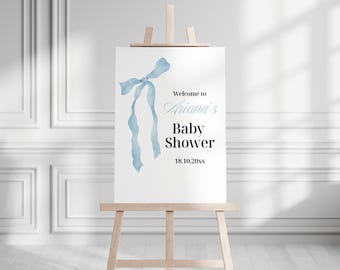 Editable Blue Bow Baby Shower Welcome Sign, Baby Boy Baby Shower Sign, Dusty Blue Coquette Bow Welcome Sign, Its a Boy Event Template BB03