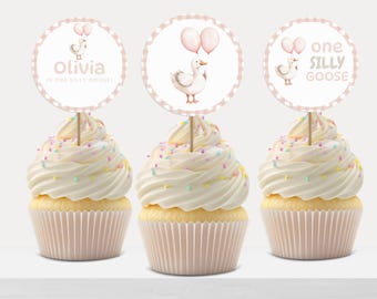 One Silly Goose First Birthday Cupcake Toppers, Pink Goose 1st Birthday Toppers, Girl 1st Birthday Cake Topper, Pink Gingham Topper, FBG2