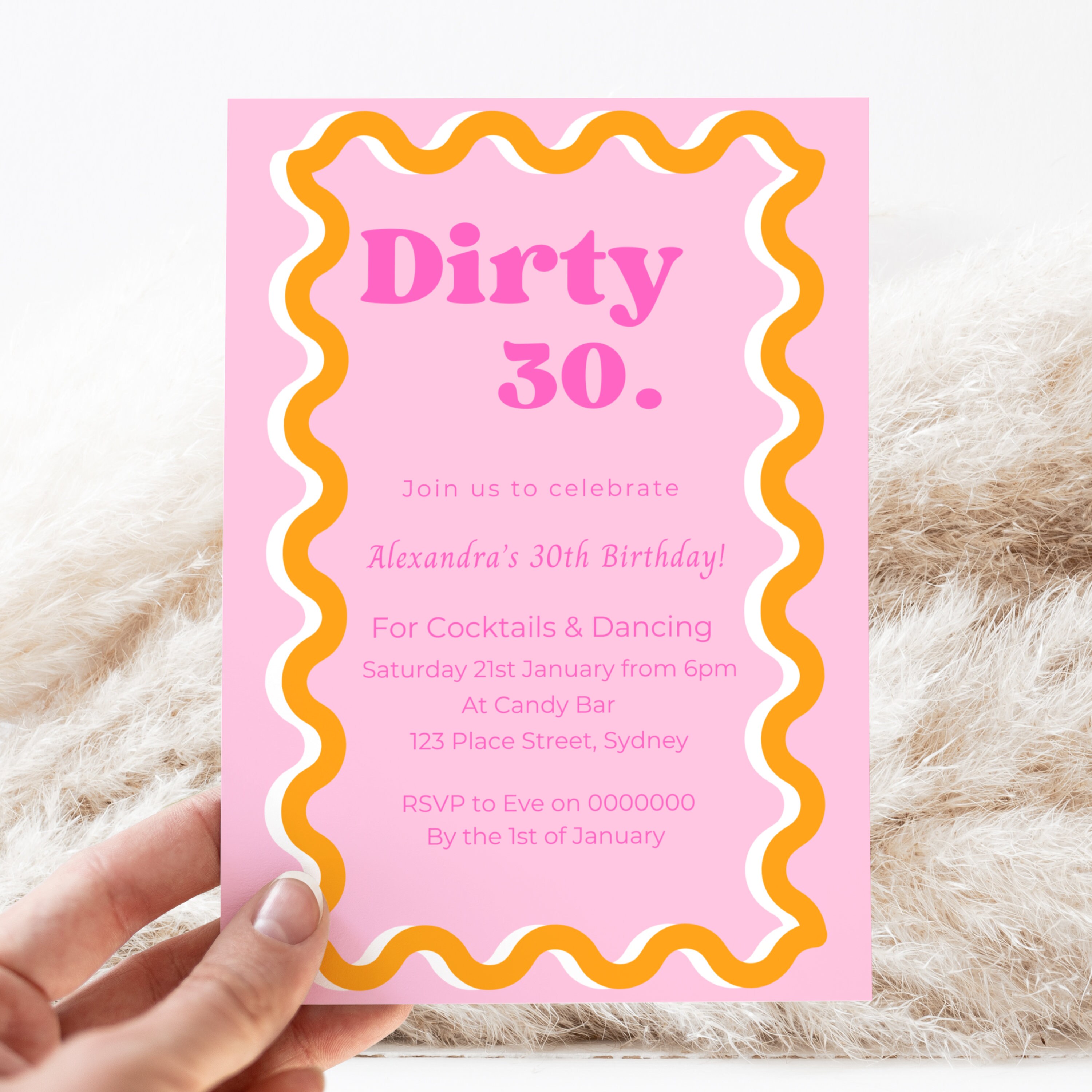 Dirty 30 Birthday Invitation, Pink and Orange Invite, Editable Invite