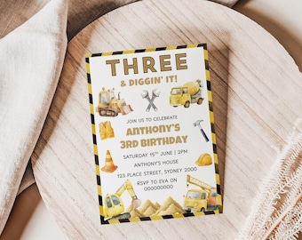 Construction Truck Birthday Invitation, 3 and Diggin It Editable Template (Digital Download)