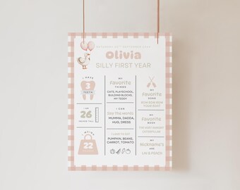 Dummer Gans 1. Geburtstag Meilensteintafel, rosa Gingham, bearbeitbar (digitaler Download)