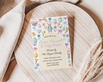 Easter Egg Hunt Invitation, Easter Brunch Invitation Template, Bunny Invite, Easter Egg Hunt Party, Floral Easter Invite, Editable Template