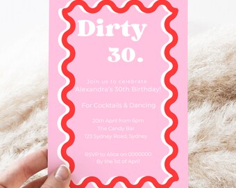 Wavy Pink and Red 30th Birthday Invitation Template (Digital Download)