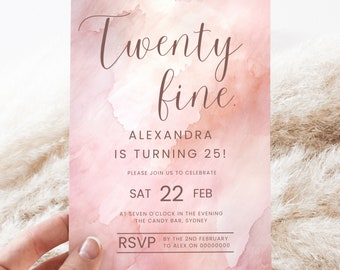 Twenty Fine, 25th Birthday Invitation, Pink Clouds Invite, Editable Invite, Birthday Invitation Template, 25th Birthday Invite, Pink Invite
