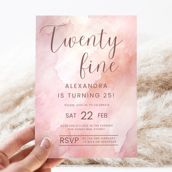 Twenty Fine, 25th Birthday Invitation, Pink Clouds Invite, Editable Invite, Birthday Invitation Template, 25th Birthday Invite, Pink Invite