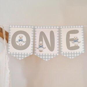 One Silly Goose First Birthday High Chair Banner, Editable 1st Birthday Flag Banner, Blue Goose Bunting, Blue Gingham Bunting Garland, FBG01