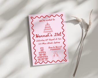 21st Hand Drawn Pink and Red Birthday Party Invitation, 21st Birthday Invite, Editable Birthday Template, Coquette Bow, Martini Tower, Wavy