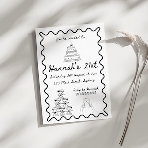 21st Hand Drawn Black and White Birthday Party Invitation, 21st Birthday Invite, Editable Template, Coquette Bow, Martini Tower, Wavy