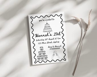 Hand Drawn 21st Birthday Invitation, Coquette Bow, Martini Tower (Editable Template)