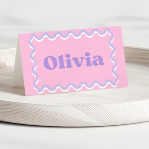 Pink and Purple Wavy Place Card, Birthday Place Card, Editable Place Card Template, Printable Place Card, Pink Place Card, Name Card