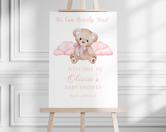 We Can Bearly Wait Baby Shower Welcome Sign, Bear Baby Shower Welcome Sign,  Baby Shower Welcome Sign, Pink Bear Editable Baby Sign