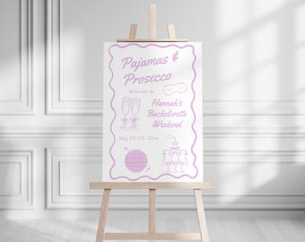 Pajamas and Prosecco Bachelorette and Hens Welcome Sign: Pink Wavy Design (Editable Digital Download)