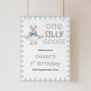 One Silly Goose First Birthday Welcome Sign, Editable 1st Birthday Sign, Blue Goose Sign, Blue Gingham Event Sign, Boy 1st Birthday, FBG01