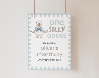 One Silly Goose First Birthday Welcome Sign, Editable 1st Birthday Sign, Blue Goose Sign, Blue Gingham Event Sign, Boy 1st Birthday, FBG01