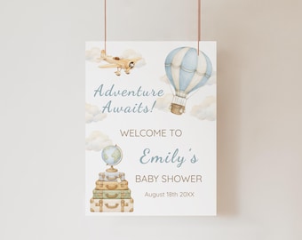 Adventure Awaits Travel Baby Shower Welcome Sign, Hot Air Balloon Editable Template (Digital Download)