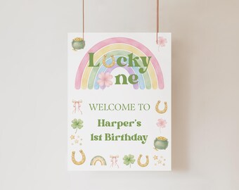 Lucky One 1st Birthday Welcome Sign, Editable St Patricks Birthday Party Template (Digital Download)