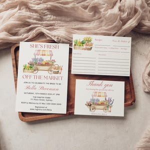 Faire-part pour la douche nuptiale Elle vient de sortir du marché, invitation du marché de producteurs, douche nuptiale dans le jardin, carte de recette, modèle modifiable