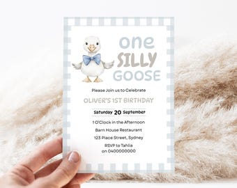 One Silly Goose First Birthday Invitation, Editable 1st Birthday Invite, Blue Goose Invite, Blue Gingham Invitation, Boy 1st Birthday, FBG01