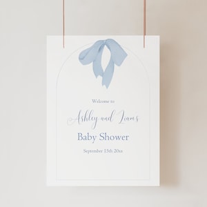 Editable Blue Bow Baby Shower Welcome Sign, Baby Boy Shower Welcome Template, Coquette Baby Shower Sign, Blue Ribbon Shower Welcome Sign