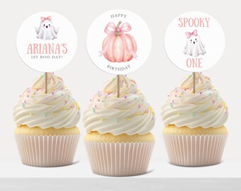 Adornos para cupcakes de Halloween de Spooky One, plantilla editable para decorar tu primera fiesta (descarga digital)